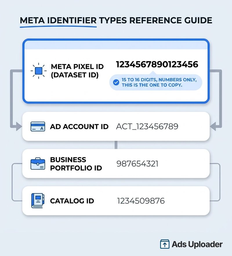 Vergleichskarte, die eine Meta Pixel ID als 15- bis 16-stellige Nummer hervorgehoben neben einer Werbekonto-ID, einer Business-Portfolio-ID und einer Katalog-ID zeigt, wobei die Pixel-ID als die zu kopierende markiert ist.