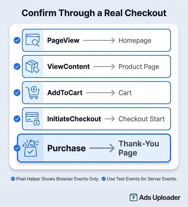 Lista de verificación del Meta Pixel de Shopify que muestra cinco eventos a confirmar a través de un checkout real: PageView, ViewContent, AddToCart, InitiateCheckout y Purchase.