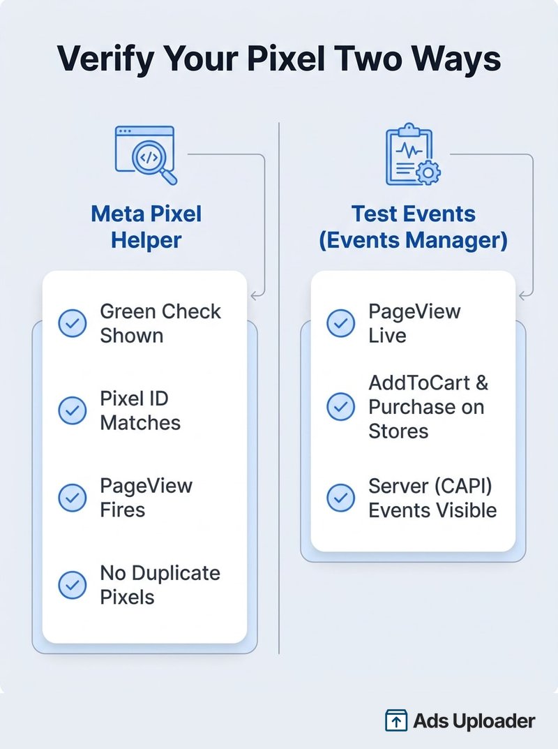 Zweispaltige Verifizierungs-Checkliste, die vergleicht, was die Erweiterung Meta Pixel Helper bestätigt, gegenüber dem, was das Test Events Tool im Events Manager bestätigt.