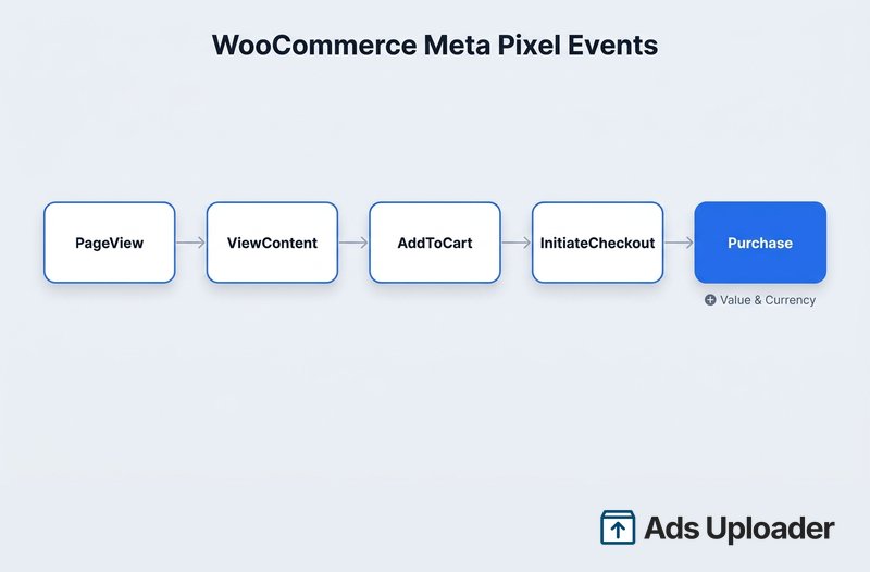 Horizontales Funnel-Diagramm der WooCommerce-Meta-Pixel-Events von PageView über ViewContent, AddToCart und InitiateCheckout bis Purchase mit value.