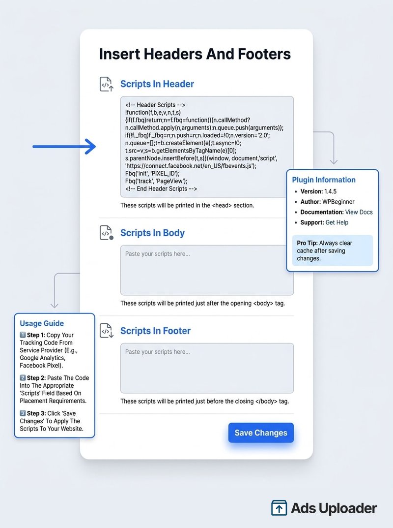 Illustration des WPCode-Insert-Headers-and-Footers-Bildschirms mit dem Meta-Pixel-Base-Code, der in das Header-Feld eingefügt ist, und einem hervorgehobenen Save-Button.