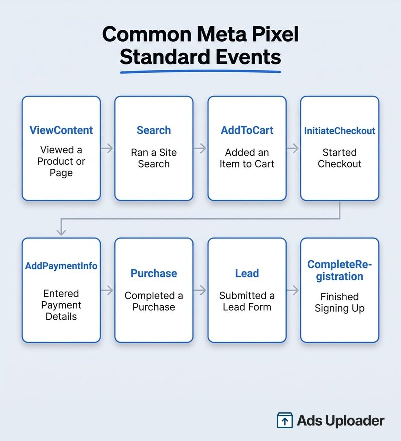 Griglia di eventi standard comuni del Meta Pixel tra cui ViewContent, Search, AddToCart, InitiateCheckout, AddPaymentInfo, Purchase, Lead e CompleteRegistration con una breve descrizione di ciascuno