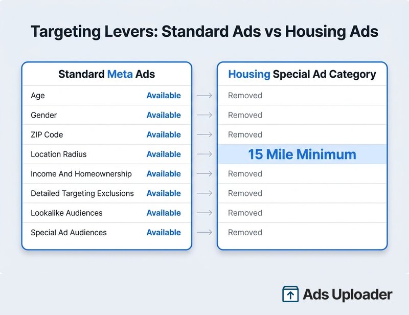Gráfico comparativo mostrando quais alavancas de segmentação da Meta são removidas na Special Ad Category de Housing, incluindo um raio mínimo de localização de 15 milhas