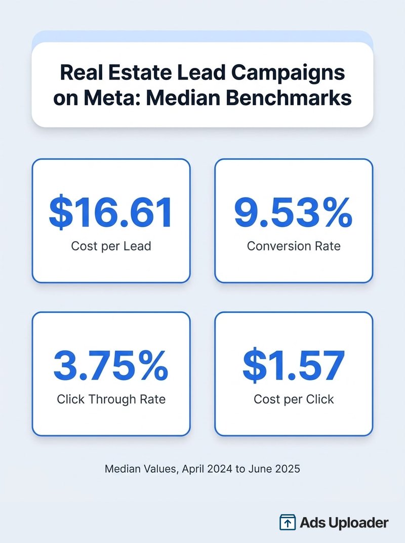 Card de benchmarks mostrando custo por lead mediano, taxa de conversão, taxa de cliques e custo por clique de campanhas de leads de imóveis na Meta