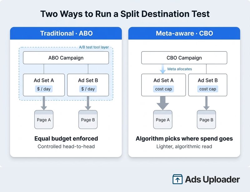 Side-by-side comparison of the two split-destination test paths on Meta: traditional ABO with equal budget enforced through the A/B test tool versus the Meta-aware CBO approach where the algorithm allocates spend across destinations