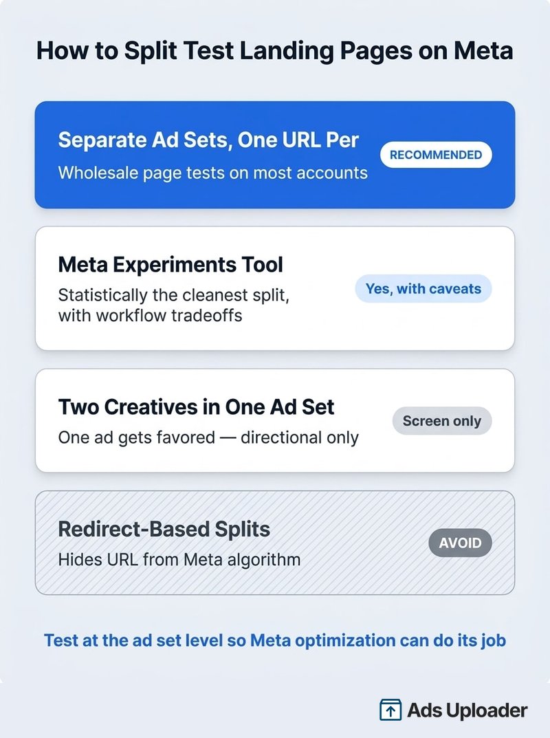 Comparison of four split testing approaches for Meta Ads showing separate ad sets per URL as the recommended method, with Meta Experiments tool, two creatives in one ad set, and redirect-based splits ranked below
