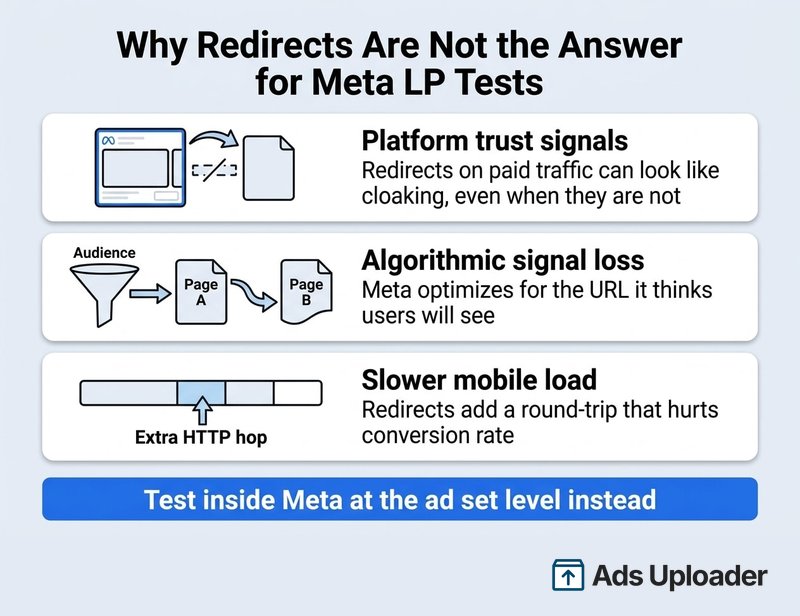 Three reasons redirects are not the answer for Meta landing page tests: platform trust signals, algorithmic signal loss, and slower mobile load