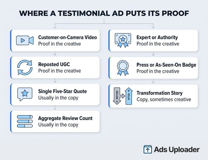 Comparison chart of the main testimonial Facebook ad formats: customer video, reposted UGC, single review, aggregate social proof, expert endorsement, press badge and transformation.