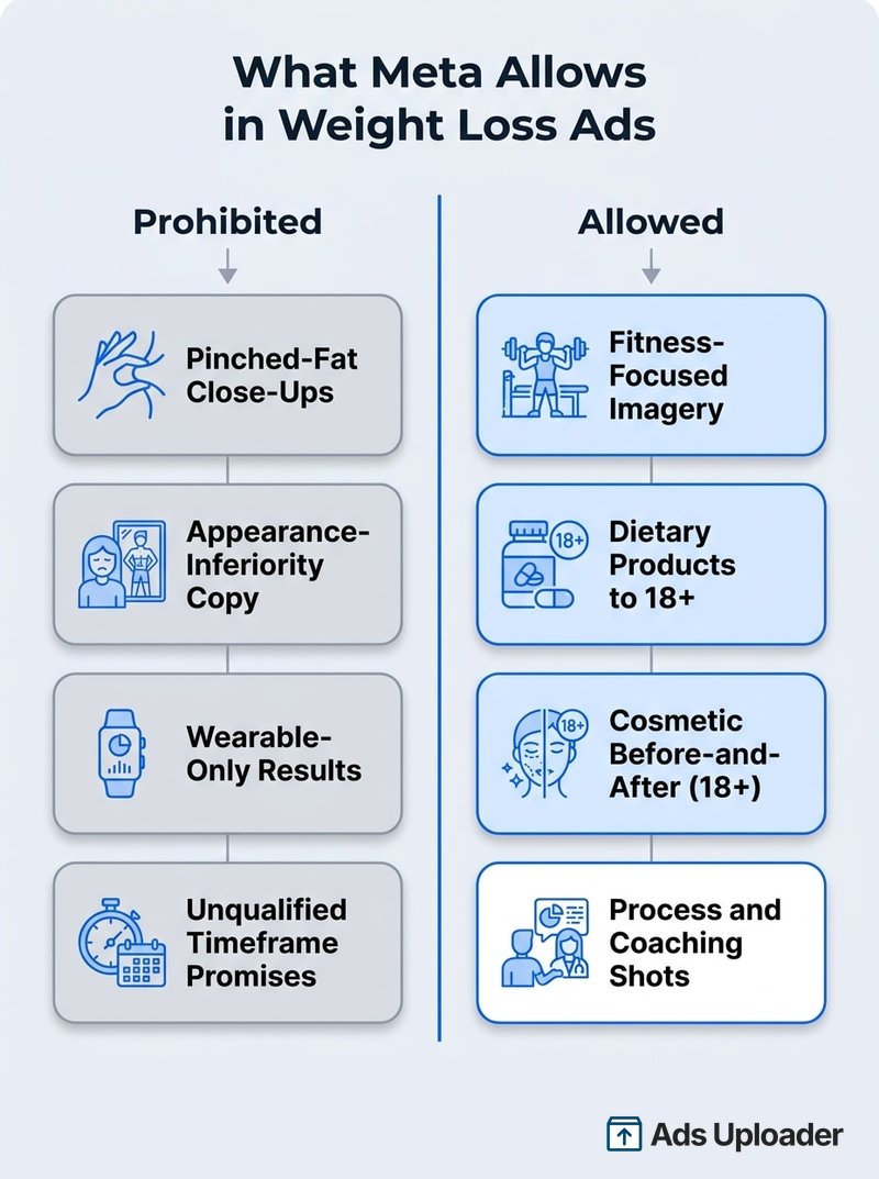 Comparatif des créas publicitaires de perte de poids que Meta autorise et de celles qu'il interdit, dont les gros plans de graisse pincée et les formulations dévalorisant l'apparence