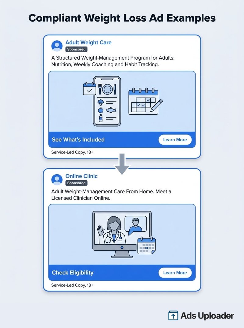 Deux maquettes de publicités Facebook perte de poids conformes dans des cadres d'annonce, l'une pour un programme de coaching et l'autre pour de la télésanté, toutes deux avec un texte centré sur le service