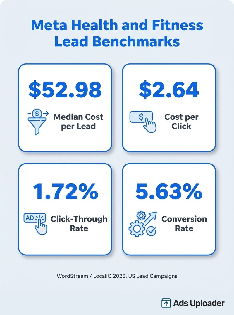 Benchmarks des campagnes de leads Meta Health and Fitness montrant le coût par lead médian, le coût par clic, le taux de clics et le taux de conversion