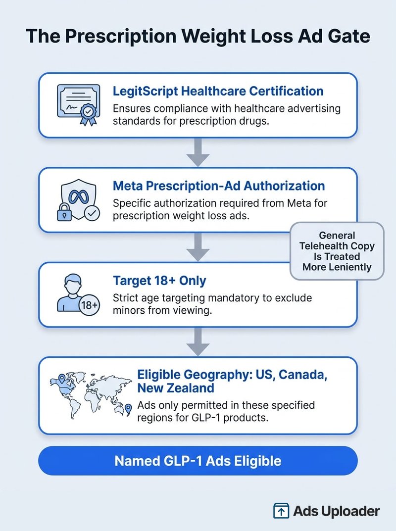Schéma du verrou d'autorisation Meta pour les publicités de perte de poids sur ordonnance, montrant la certification LegitScript, l'onboarding Meta, le ciblage 18+ et la zone géographique éligible