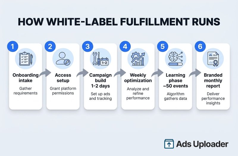 Pipeline di fulfillment di annunci Facebook white-label dall'onboarding intake al report brandizzato mensile