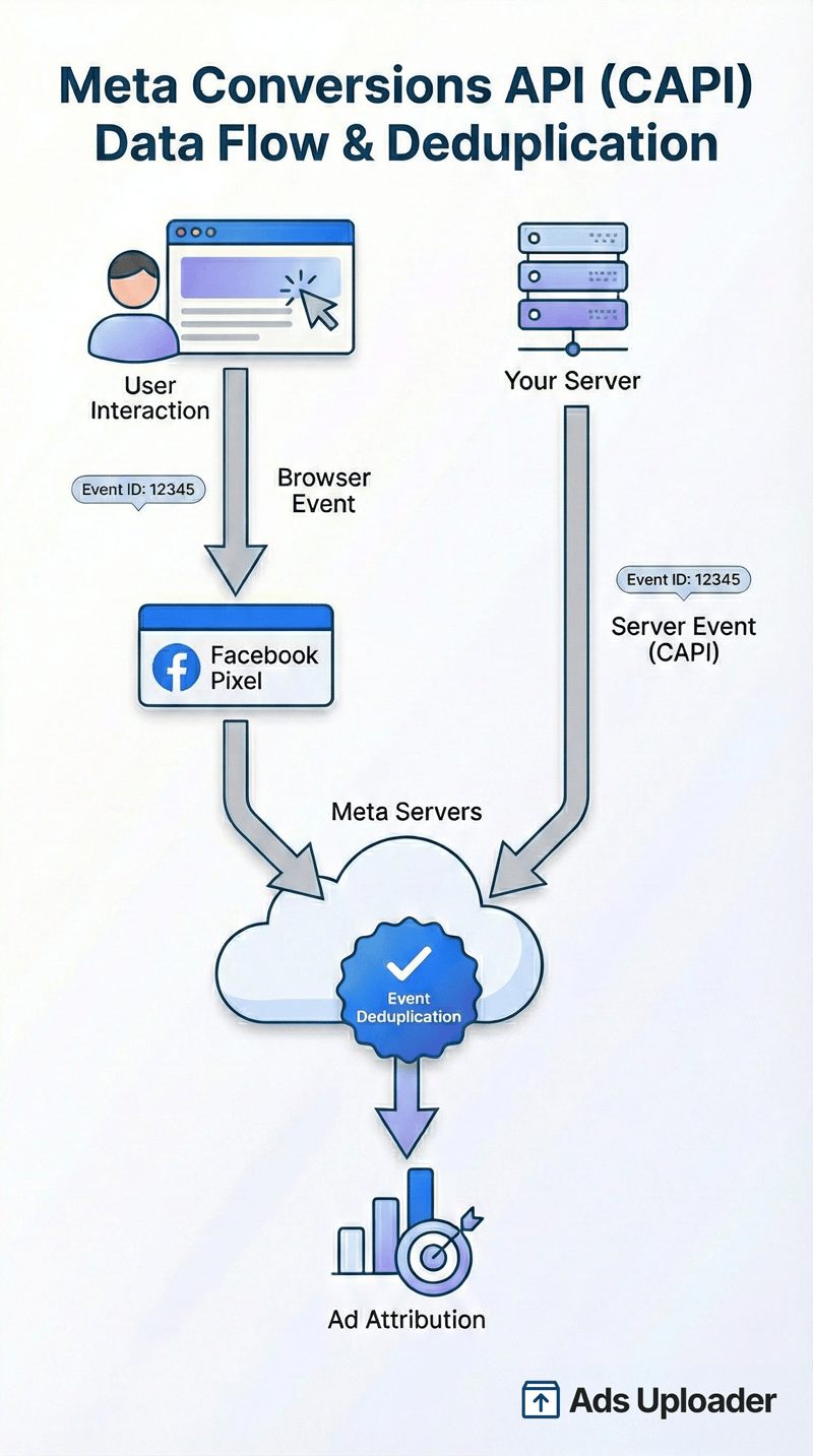 Meta Conversions API architecture diagram showing browser Pixel and server-side CAPI data flow with event deduplication