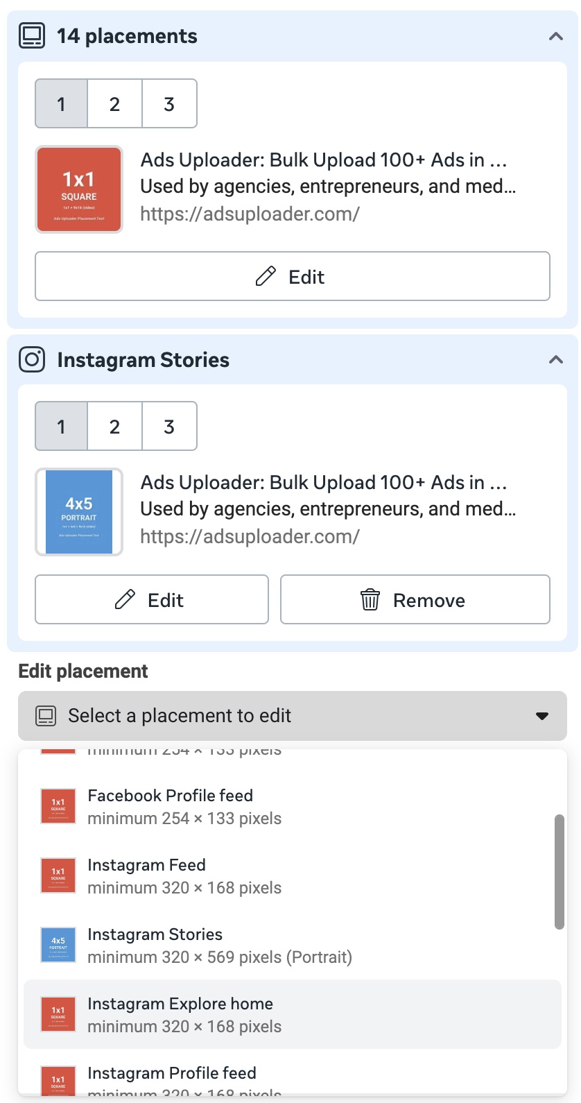 Meta Ads Manager carousel placement editor showing the default 14 placements panel with 1x1 square creative, a customized Instagram Stories panel with 4x5 portrait creative, and the Select a placement to edit dropdown listing Facebook Profile feed, Instagram Feed, Instagram Stories, Instagram Explore home and Instagram Profile feed with their minimum pixel dimensions