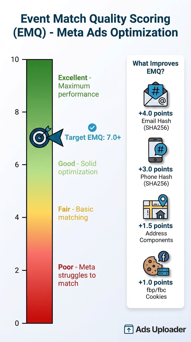 Event Match Quality scoring guide showing score ranges from 0-10 and parameter impact on EMQ optimization