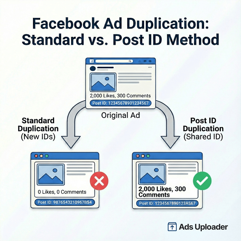 Diagram comparing standard Facebook ad duplication versus post ID duplication showing preserved engagement